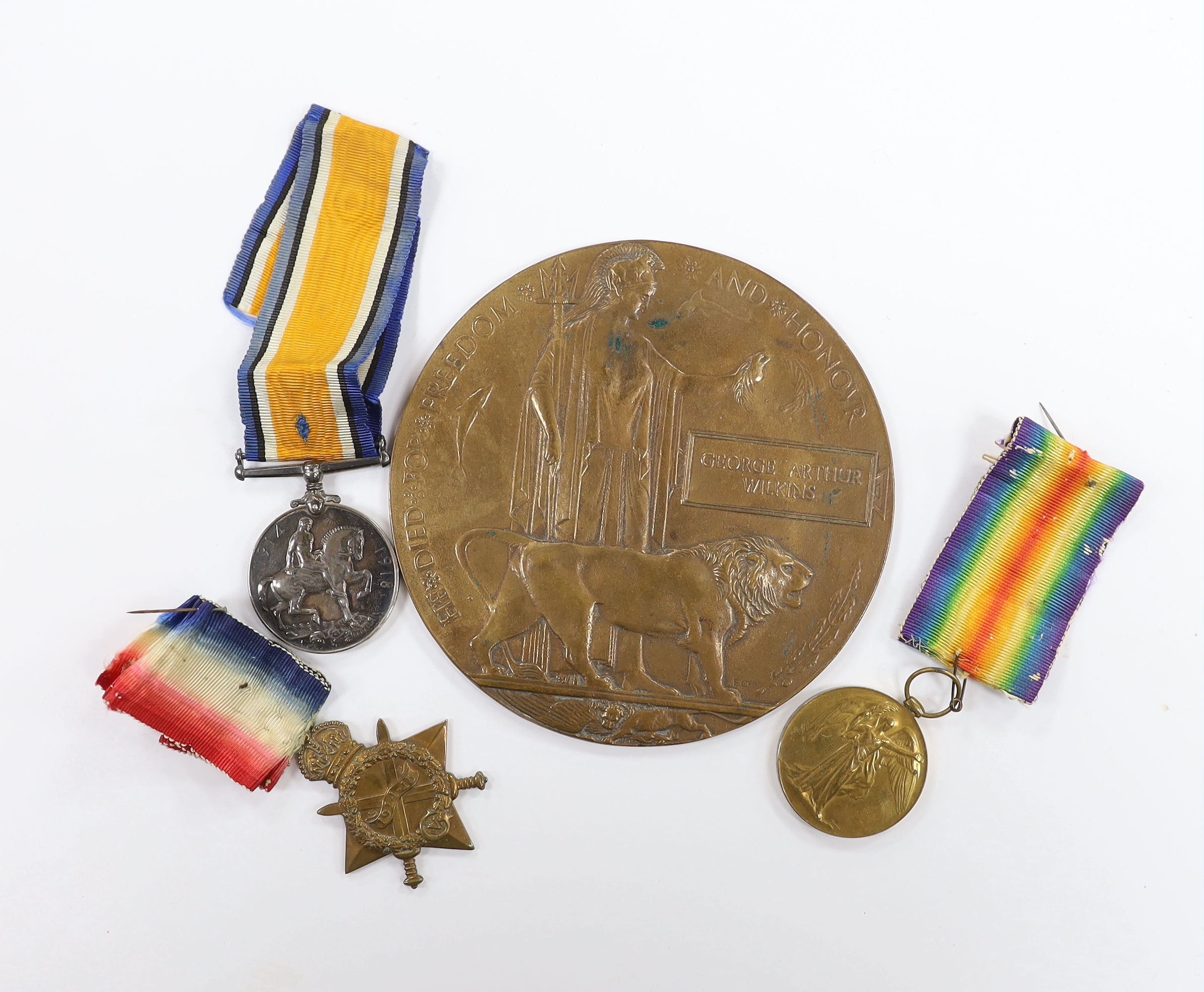 A First World War medal group to G.A. Wilkins A.B. R.N.V.R.; the Victory medal, the War medal and the 1914-15 star, together with the bronze Memorial Plaque in his name